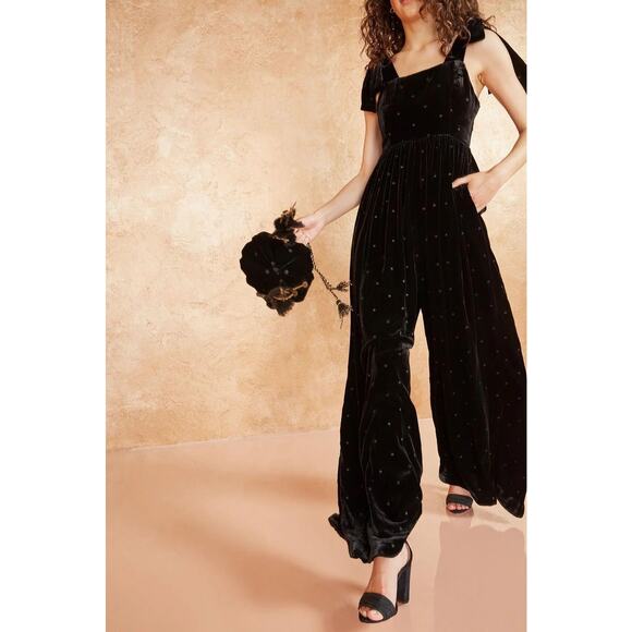 ULLA JOHNSON Minnet Jumpsuit Jet Black Size 4 Embroidered Polka Dot Velvet Chic - Picture 2 of 16